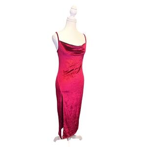 Wine Red Velvet-Feel Midi Maxi Slip Dress w/ High Slit – Women's M